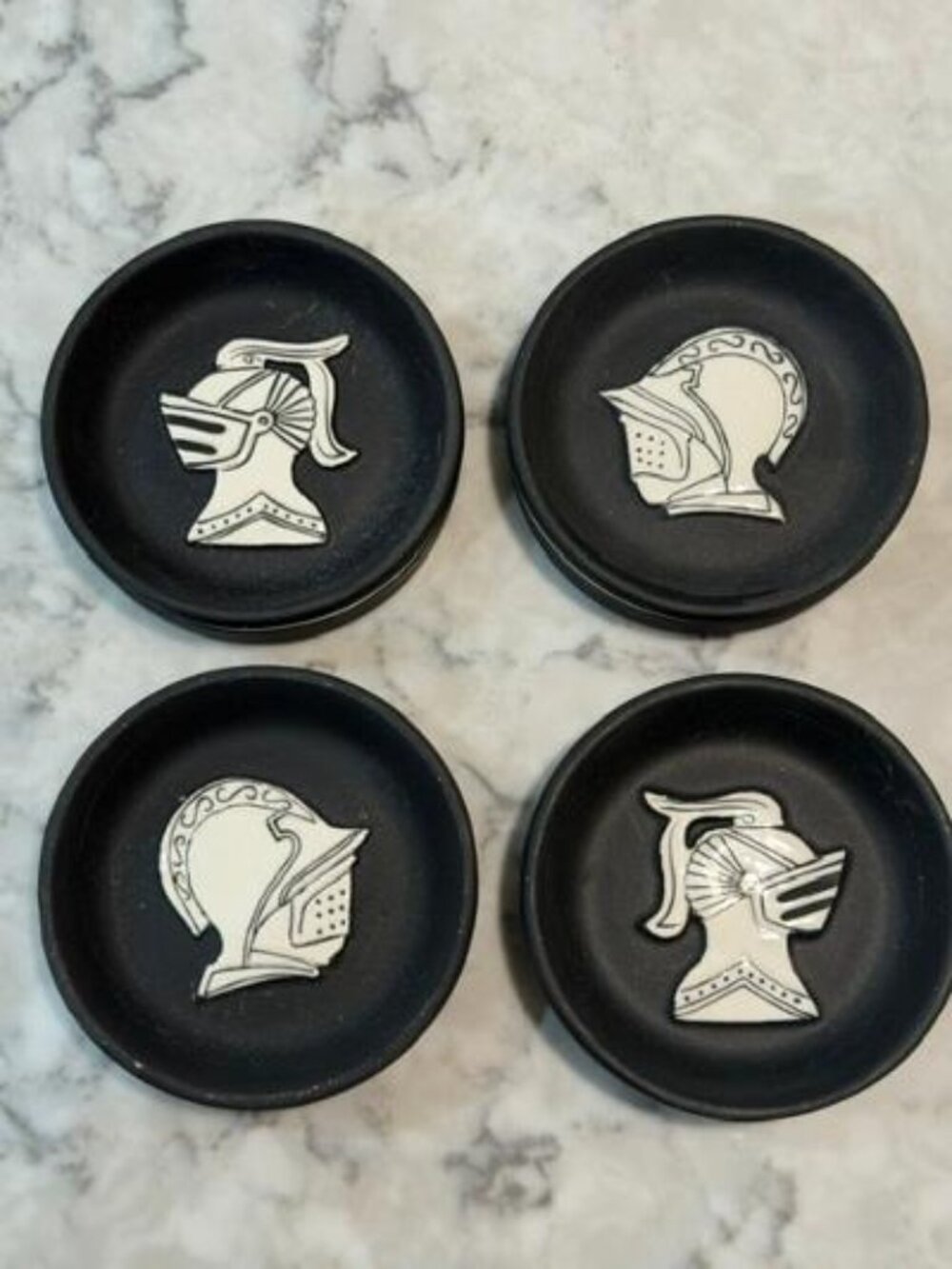 Vintage Ceramic Ashtrays w/Embossed Knight Helmet Designs by Ebonaire, Japan